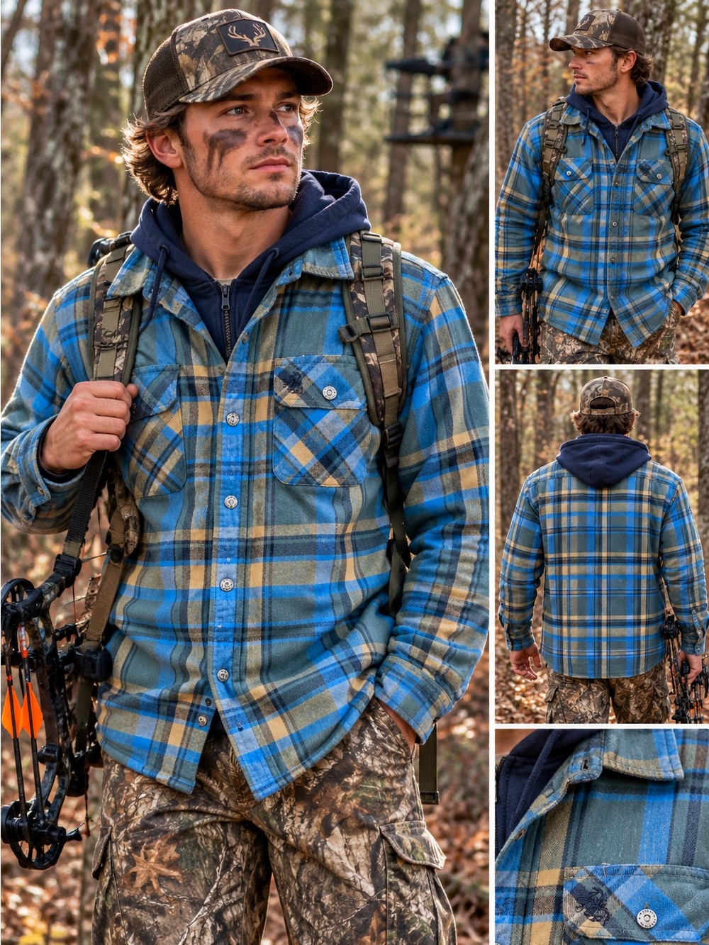 Legendary Whitetails Blue, Gray and Tan Plaid Jacket with Built-in Hoodie Layer
